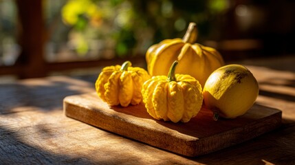 Golden beets and bright yellow pattypan squash displayed on a wooden cutting board with sunlight filtering through farm windows, creating a warm, natural atmosphere