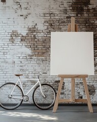 Minimalist studio with a bike and blank canvas on an easel.