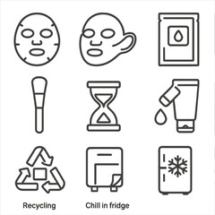 Firming Masks Icon Set. Line style icons of Firming Sheet Masks: bio-cellulose mask, hydrogel lifting mask, fabric ear-loop mask,