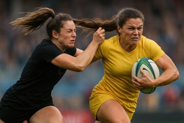 Female rugby player in yellow jersey tackling opponent on field during intense match