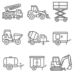 Construction Machinery Icons. Line style icons of Construction Site Ground Support Machinery: concrete pump truck, telehandler,