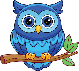 Cute Blue Owl Sitting on a Branch Colorful Vector Illustration