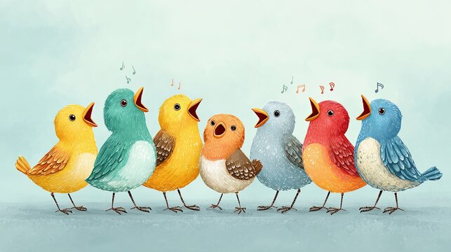 Colorful singing birds standing in a row with musical notes on soft blue background cartoon illustration