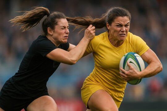 Female rugby player in yellow jersey tackling opponent on field during intense match