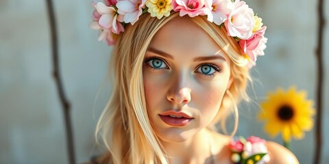 Naklejka premium Blonde hair, blue eyes, floral crown, summery attire, image, closeup