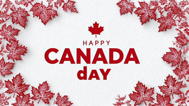 Happy Canada Day greeting card with red maple leaves and bold text on white background celebration design