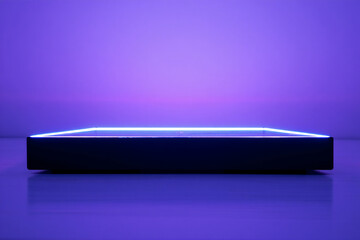 Minimalist platform with bright blue neon light on a purple background