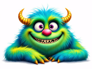 Fototapeta premium A cheerful, orange, furry cartoon monster with horns, smiling and leaning on a surface.