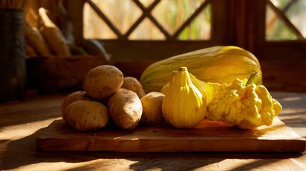 Golden beets and bright yellow pattypan squash displayed on a wooden cutting board with sunlight filtering through farm windows, creating a warm, natural atmosphere