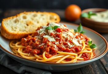 Fototapeta premium Classic spaghetti marinara with cheese and garlic bread, dinner, cheese