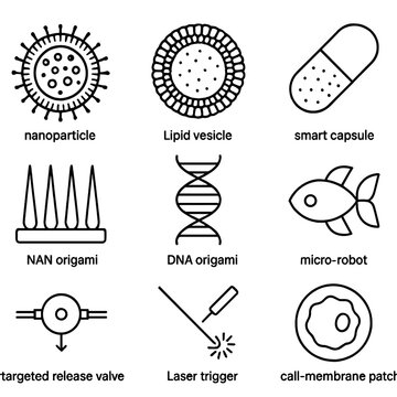 Nanomedicine Delivery Icons. Line style icons of Nanomedicine Delivery: nanoparticle carrier, lipid vesicle, smart capsule,