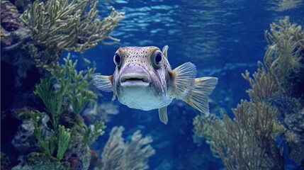 Close-up of pufferfish swimming underwater in coral reef with blue ocean background and marine plants