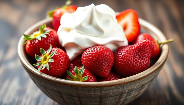 Close-up of fresh strawberries and whipped cream, rustic bowl, still life, dessert