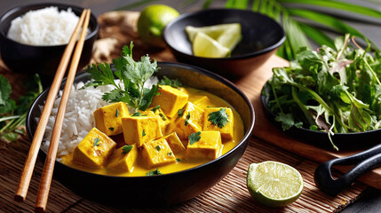 Delicious yellow tofu curry dish with rice cilantro and lime is displayed with chopsticks on a rustic table.