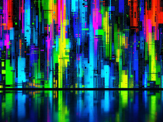 A vibrant digital abstract art with a futuristic neon grid pattern, glowing and dynamic.