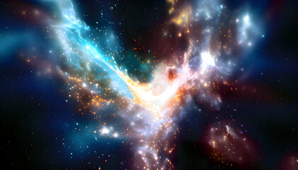 Fototapeta premium Cosmic Nebula: A vibrant, otherworldly nebula bursts with celestial energy, swirling colors of teal, orange, and deep purple.