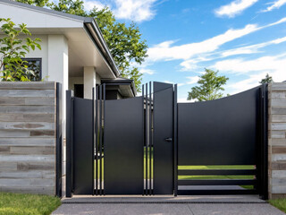 A modern house with a stylish gate and fence in a residential setting.