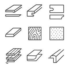 Laminate Flooring Icons. Line style icons of Laminate Flooring Styles: plank joint, tongue and groove, click-lock seam, bevel edge