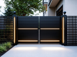A modern house with a stylish gate and fence in a residential setting.