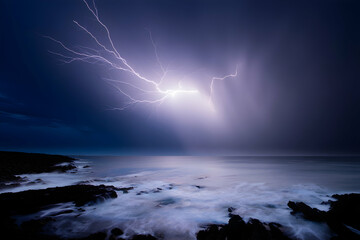 Dramatic Lightning Strikes Over Calm Ocean Waters