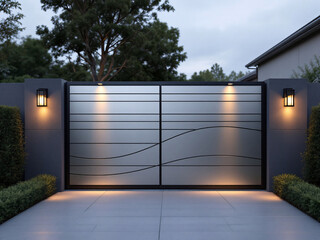 A modern outdoor space featuring a sleek, gray fence with horizontal slats for privacy and style.