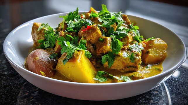 Delicious chicken and potato curry is garnished with fresh parsley in a white bowl ready to be served.