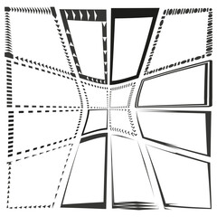 Distorted quadrilateral matrix. Converging dashed perimeters. Abstract warped Vector. Dynamic multidirectional lattice.
