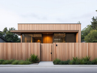 A modern house with a wooden fence providing privacy and a sleek design to the outdoor space.
