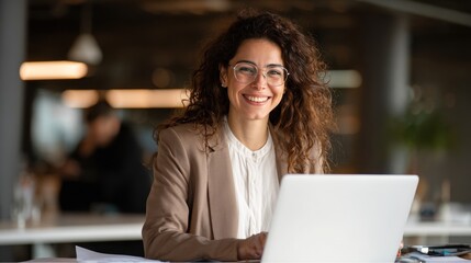 Latina Working. Hispanic Business Woman Smiling and Focused on Laptop in Modern Office Environment