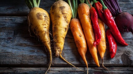 Golden beets, orange carrots, and red peppers arranged in a natural composition on aged wooden boards with gentle natural light