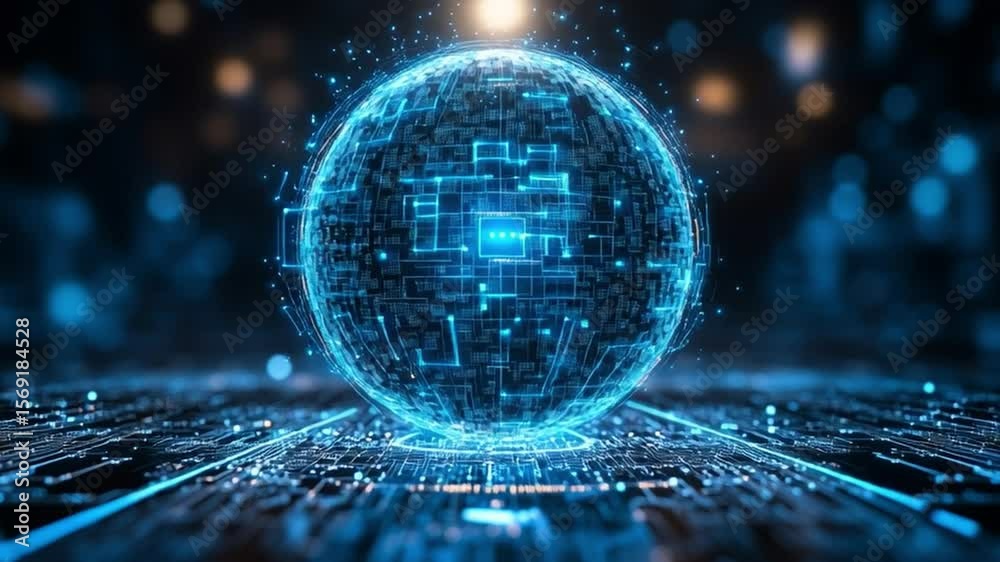 Poster digital sphere of data: a luminous digital sphere, pulsating with energy, floats above a circuit boa