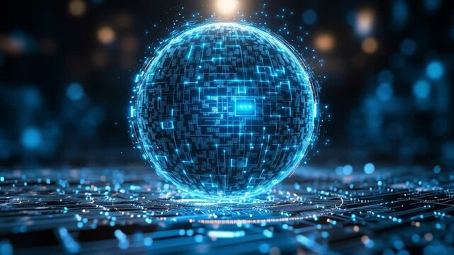 Digital Sphere of Innovation: A mesmerizing, glowing blue sphere pulsates with intricate digital patterns, symbolizing innovation and technological advancement.