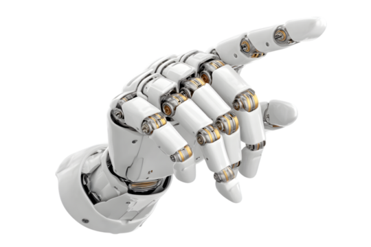 Sleek white robotic hand with a pointing index finger against a dark background symbolizes future technology and artificial intelligence . Ai Generated Images