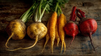 Golden beets, orange carrots, and red peppers arranged in a natural composition on aged wooden boards with gentle natural light