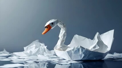 A white origami swan with a paper boat surrounded by crumpled paper on a reflective surface. - Powered by Adobe