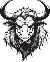 Obraz premium Black and white bull portrait: A powerful bull depicted in black and white lines, showcasing strong horns and an intense gaze.