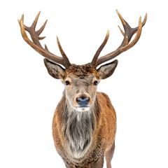 Naklejka premium Majestic stag stands tall with its impressive antlers showcased against a stark black backdrop, perfect for nature themes . Ai Generated Images