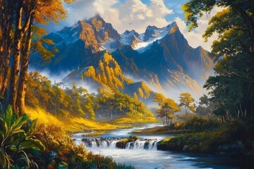 Majestic mountains tower over a serene mountain stream.