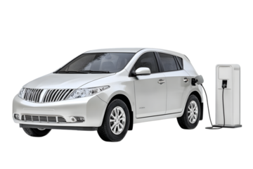 Sleek white electric car charging at a modern station against a transparent backdrop, showcasing eco-friendly automotive technology . Ai Generated Images