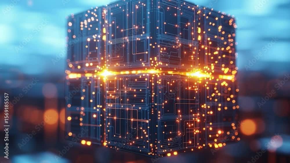 Poster digital luminescence: a glowing digital cube pulsates with vibrant data streams and intricate connec