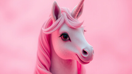 A close-up of a horse's head with a pink mane and gentle expression.