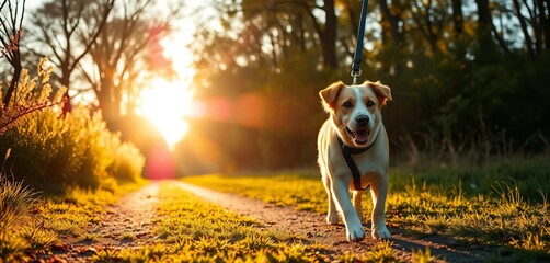 Golden hour light bathes a dog on a leash during a morning walk, colors, tail