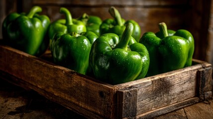 Green bell peppers arranged on a rustic wooden crate, glowing under natural sunlight that enhances their vibrant sheen