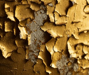 cracked golden paint flakes on gray background