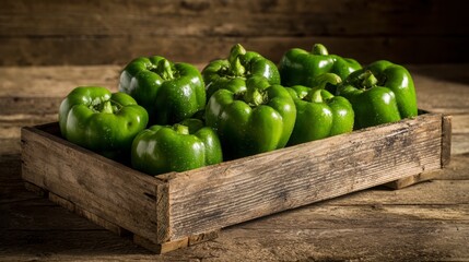 Green bell peppers arranged on a rustic wooden crate, glowing under natural sunlight that enhances their vibrant sheen