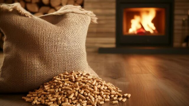A bag of firewood pellets spills onto the wooden floor next to a blazing fireplace in a rustic interior, creating a warm atmosphere