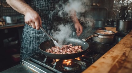 Chef stirs food in a pan over a flame