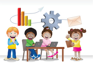 illustration of a multicultural children brainstorming to   make business decision on isolated white background
