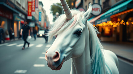 A person in a unicorn costume in a lively street scene.