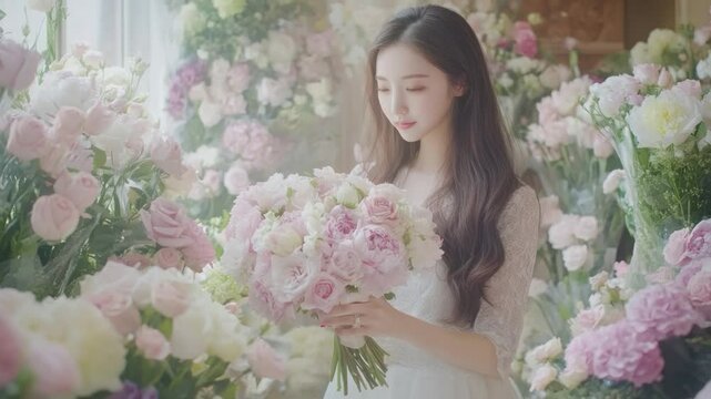 A young woman surrounded by a profusion of pastel-colored flowers